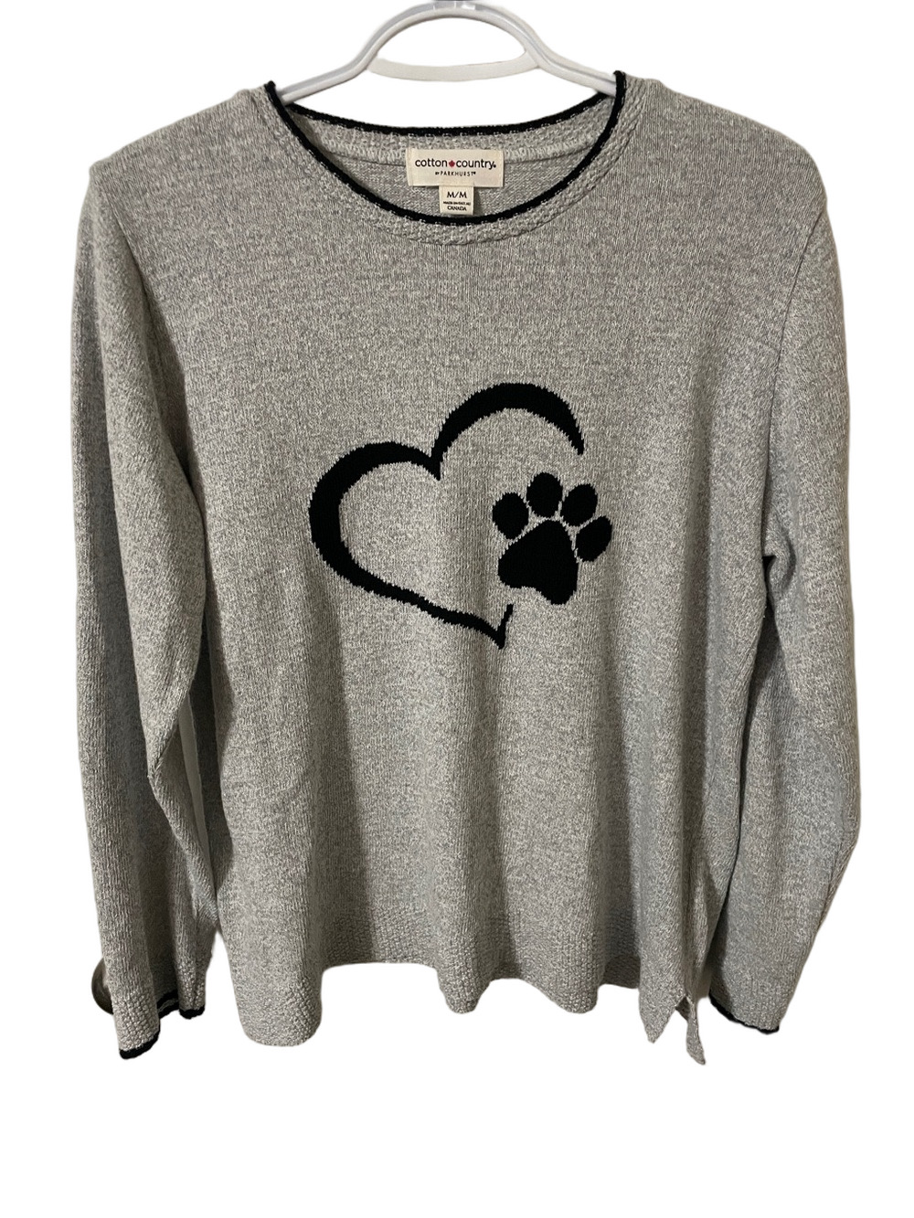 Cotton Country by Parkhurst Grey  Crewneck Sweater with Black Heart & Paw Size M